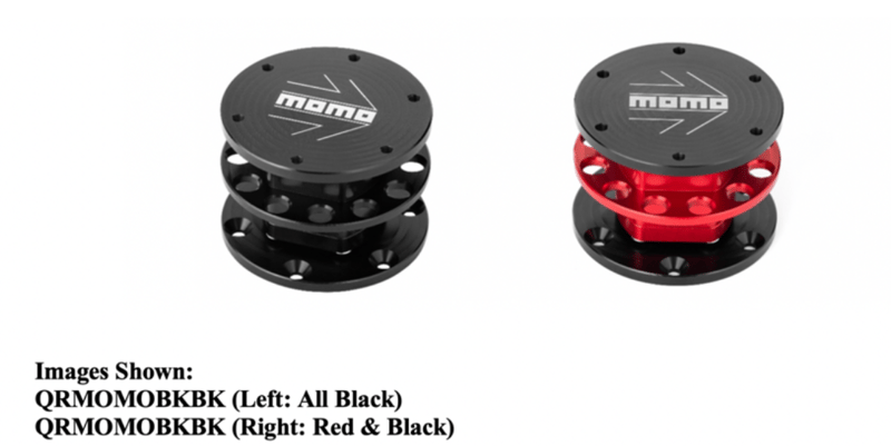 Recalled quick release steering wheel adaptors in black and black-with-red with “MOMO” printed on top.